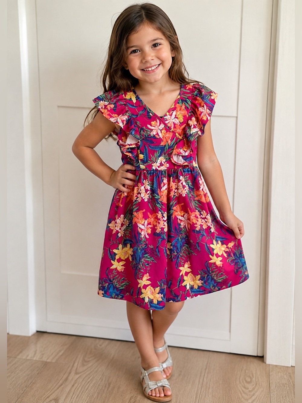 EUC Tommy Bahama Pink Tropical Floral Girls Dress,‎ Size 5